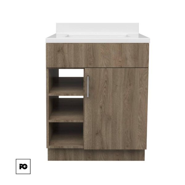 Tocador para baño color fresno modelo Berlín, con lavabo Wave.