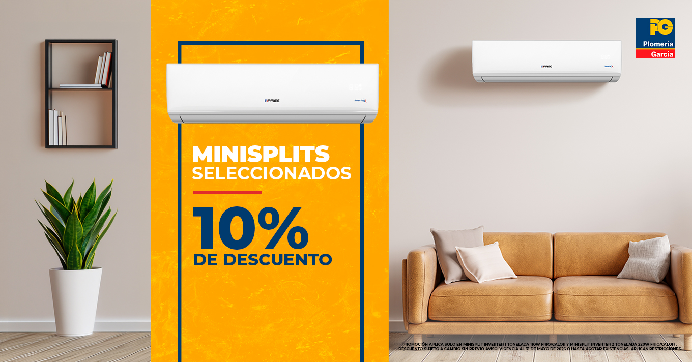 Living room scene with a white mini-split unit on an orange promotional panel that reads 'minisplits seleccionados' and '10% de descuento'.