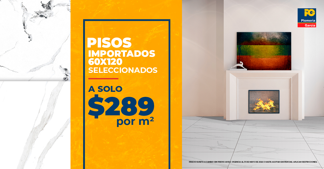 Promotional ad for imported 60x120 floors: $289 per m², shown with a showroom interior and the plomería garcia logo.