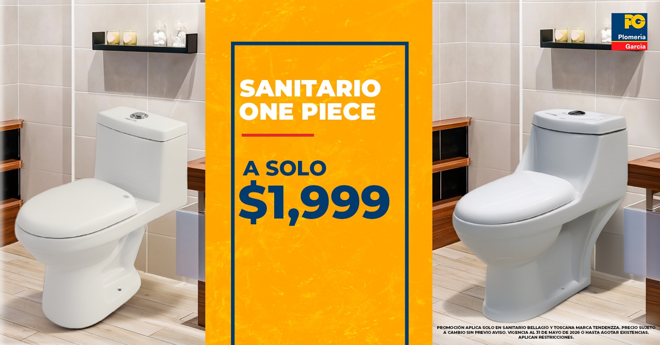Two white one-piece toilets flank a bright orange promo panel that reads 'sanitario one piece — a solo $1,999' with the fg plomería garcía logo.