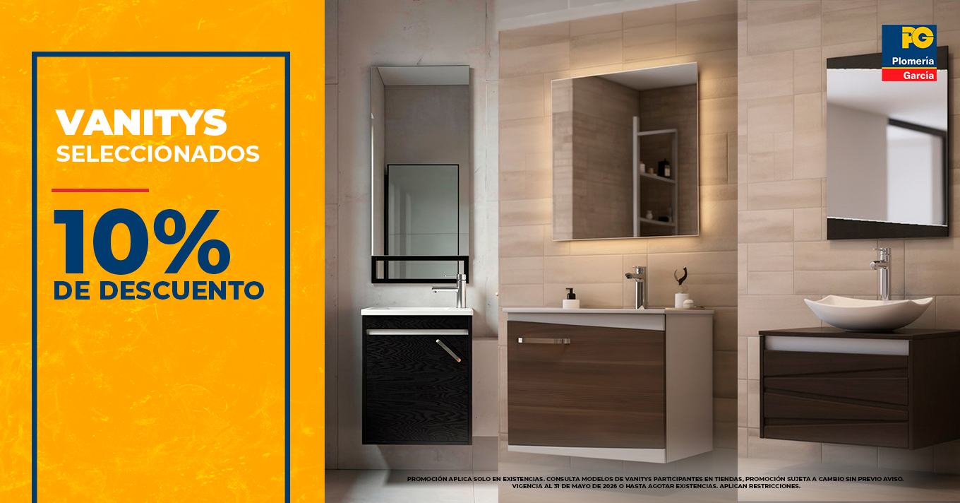 Promotional banner advertising 10% discount on selected vanities with a showroom of modern bathroom vanities on the right side.
