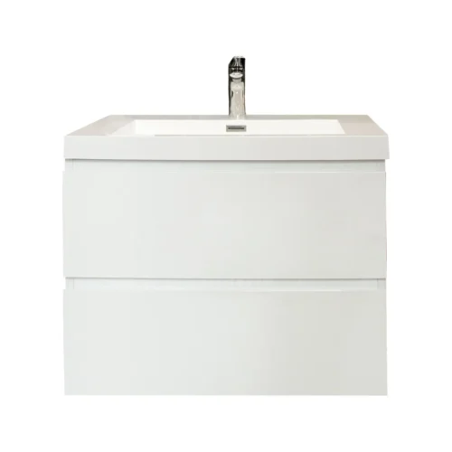 White bathroom vanity with an integrated rectangular sink and chrome faucet, front view