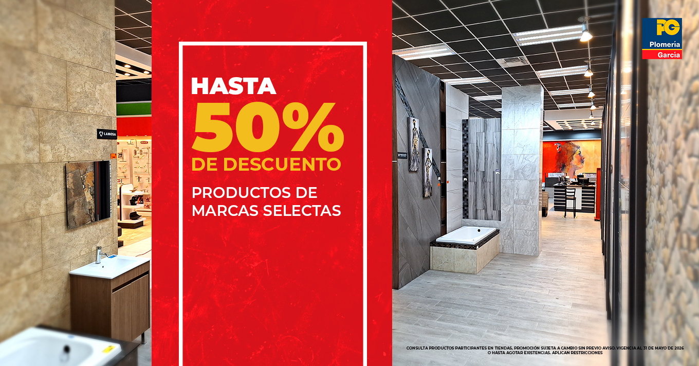 Red promotional panel in a tile showroom advertising up to 50% off on select brand products, with tile displays and sinks around it.
