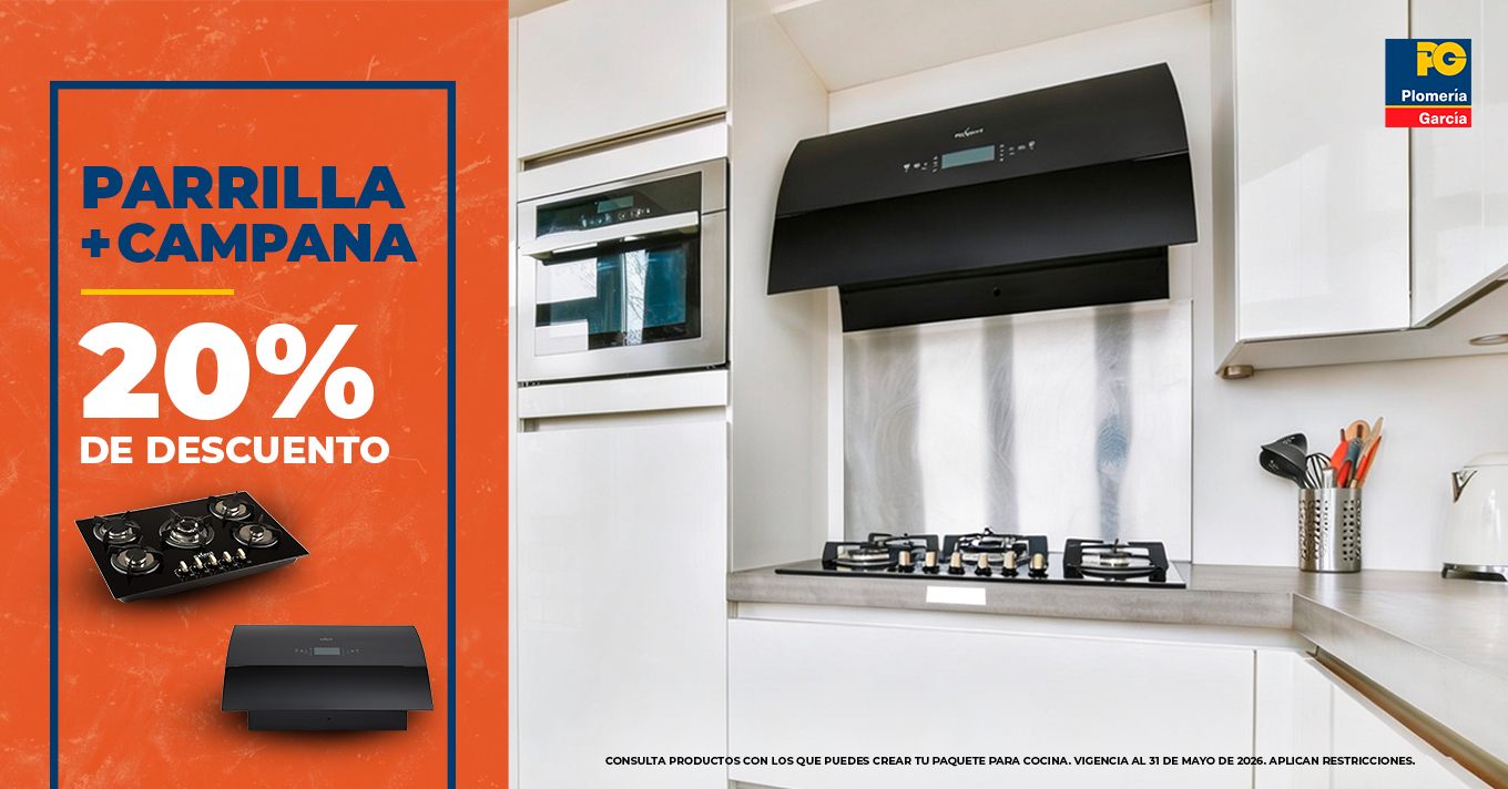 Sale banner: 20% de descuento en parrilla y campana extractora, con imágenes de una parrilla de gas y una campana negra sobre fondo naranja.