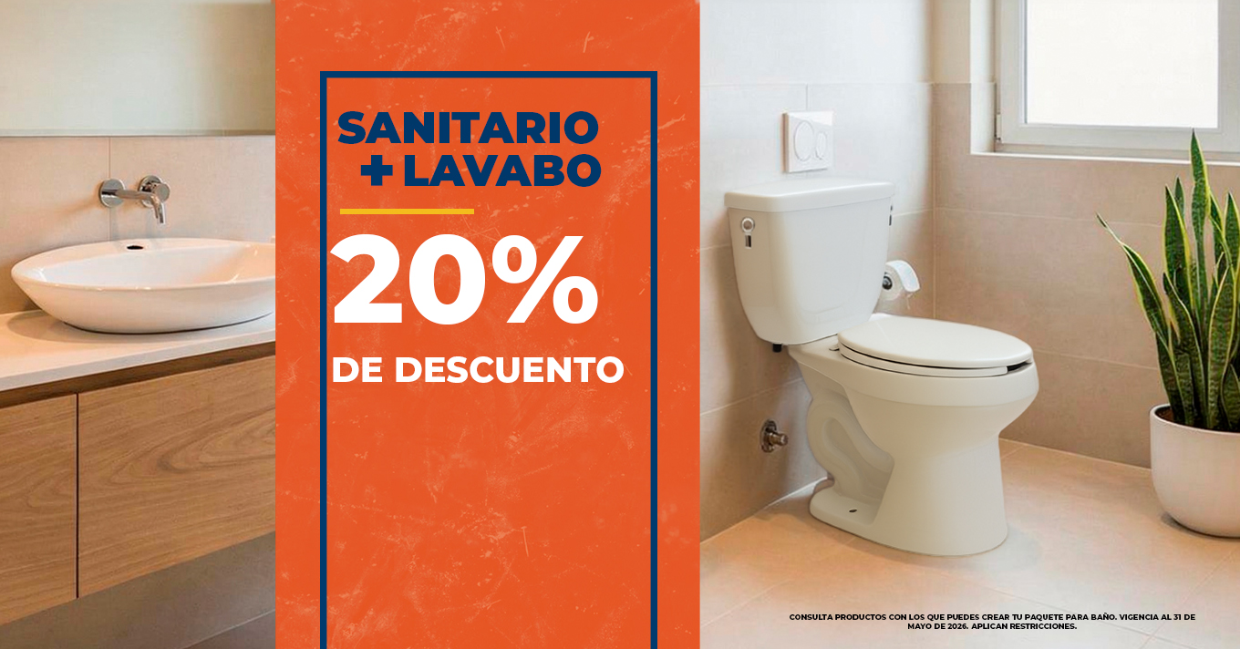Promotional banner in a modern bathroom showing a 20% discount on toilet and sink fixtures, with a sink on the left and a toilet on the right.