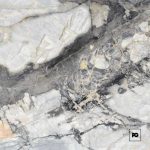 Close-up of gray and white marble with gold veining; fg logo in bottom-right corner